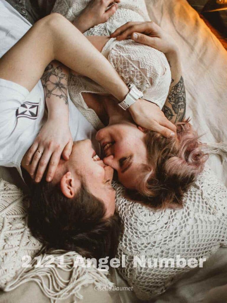 Couple in love in a bed hugging with wording 2121 angel number