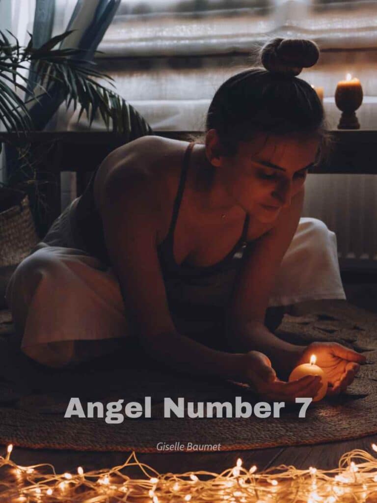 A woman doing a candle ritual in her home with the text on the image saying angel number 7