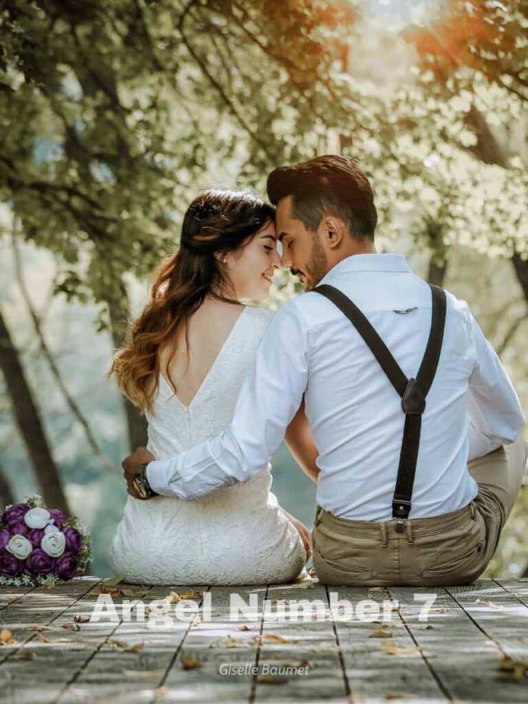 A couple embracing who seem very much in love and with the words angel number 7 on the picture